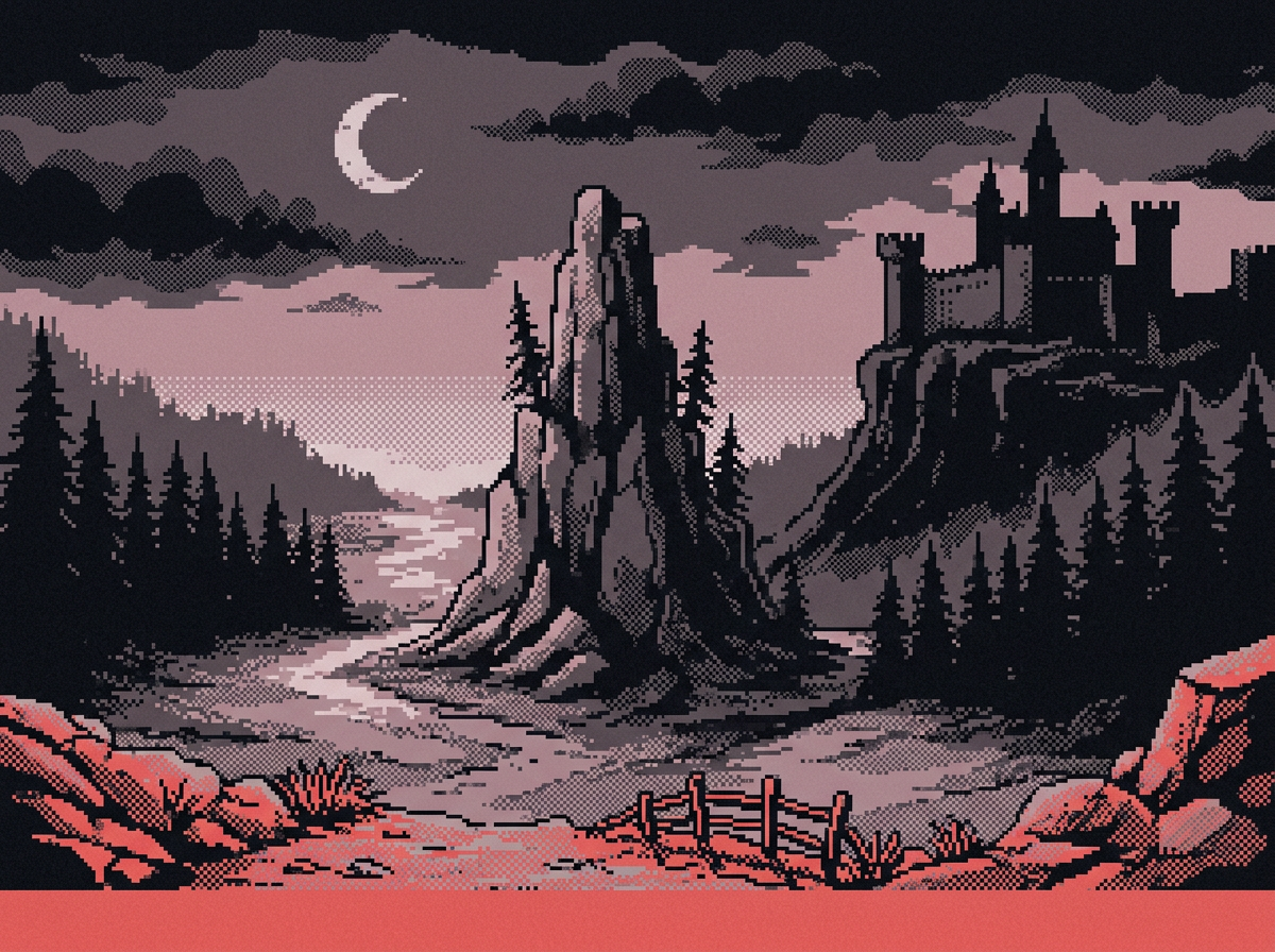 Illustration pixelisée d’une vallée au clair de lune, avec un château sur une falaise et une aiguille de roche.